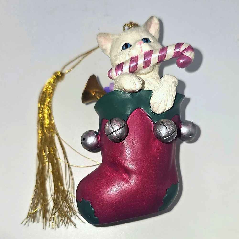 Vintage Lenox Christmas Stocking Surprise Ornament - White Cat In Stocking